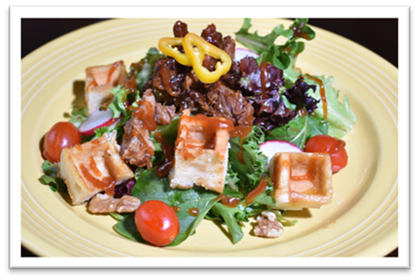 Pulled pork salad with waffle croutons